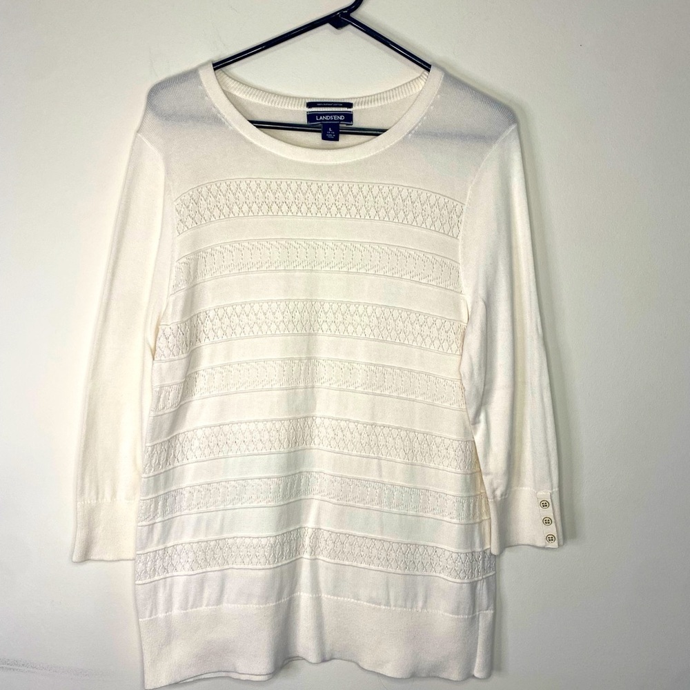 Women's Lands End‎ Fancy White Supima Cotton 3/4 Length Blouse Sweater L Coastal